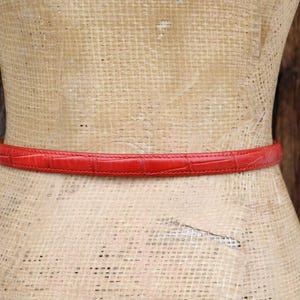 Puede incluir: Un cintur&oacute;n rojo texturizado envuelve la cintura de un maniqu&iacute;. El cintur&oacute;n es un material delgado similar al cuero con un patr&oacute;n repetitivo. El maniqu&iacute; est&aacute; hecho de un material tejido de color claro, y el fondo es una pared de madera.