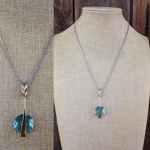 70s Silver Tone Mod Blue Rhinestone Pendant Necklace | Arrow Cabochon Teardrop Dangle Statement Modernist Cocktail Necklace