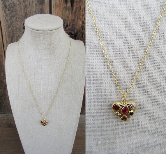 90s Bejeweled Heart Pendant | Puff Heart Necklace… - image 1