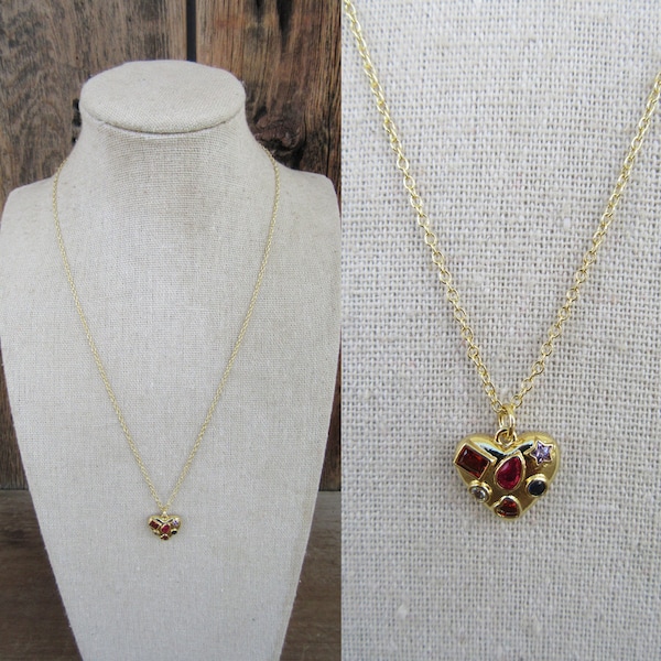 90s Bejeweled Heart Pendant | Puff Heart Necklace | Dainty Gold Chain Rhinestone Heart Necklace