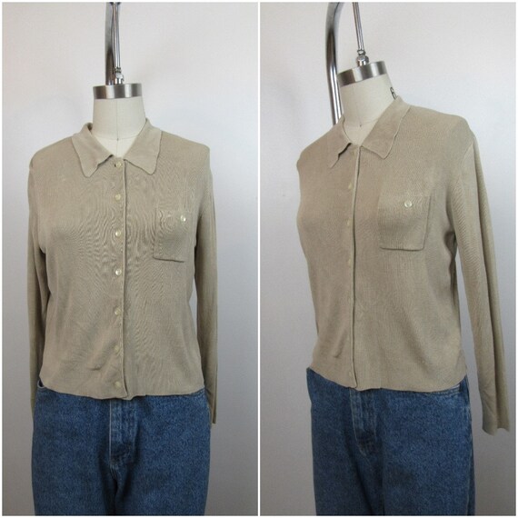 90s Tan Ribbed Silk Top | Ribbed Silk Cardigan Swe