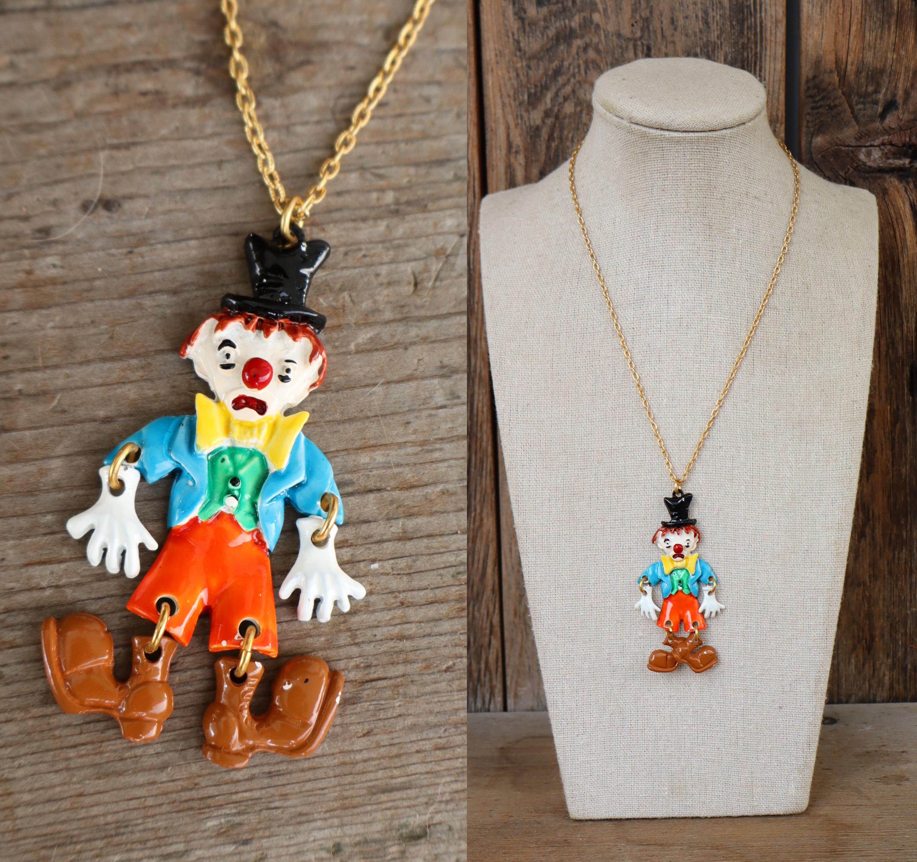 70s 80s 90s Novelty Articulated Enamel Clown Necklace | Clowncore