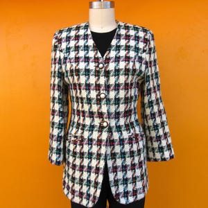 90s Power Dressing Plaid Houndstooth Blazer | Dark Academia Business Casual Sports Coat Sportscoat | Officecore Pearly Button Front Jacket