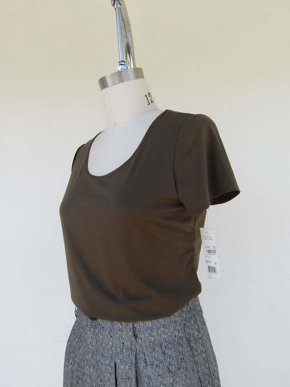 90s NOS Nylon Tee Shirt | Olive Brown Minimal Tee… - image 6