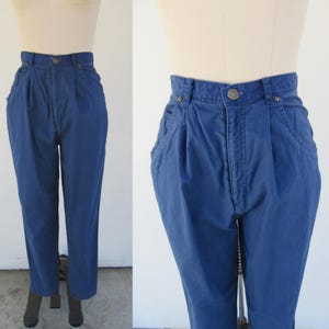 80s Dark Blue Cotton High Waist Pleated Trousers | High Rise Tapered Pleated Pants | Preppy Prep Trousers | 25 Waist