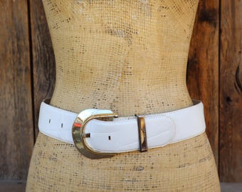80s White Leather XL Buckle Waist Belt | Wide Stark  display picture 1
