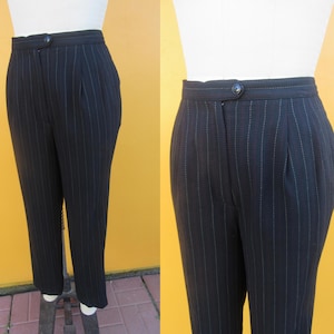 90s Black Pinstriped Pleated High Waist Trousers |  Cropped Dark Academia Minimal High Rise Trousers | Officecore Pants | 29 Waist