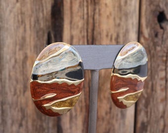 80s 90s Large Oval Swirl Enamel Earrings | Avant Garde Modernist Statement Earrings | Rust Brown Gray Black Ochre Bold Earrings