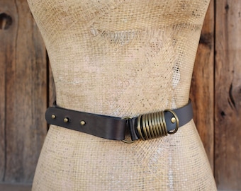 90s Black and Dark Brown Leather Brass Ring Waist Trouser Belt 34 35