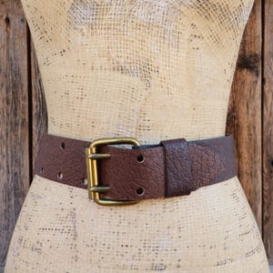 70s Brown Leather Perforated Roller Buckle Belt | Boho Hippie Festivalcore Mod Double Prong Buckle Belt | Large 38 to 40