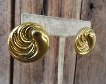 90s Gold Tone Chunky Button Earrings  | Round Swirl Statement Earrings | Modernist Circle Button Earrings