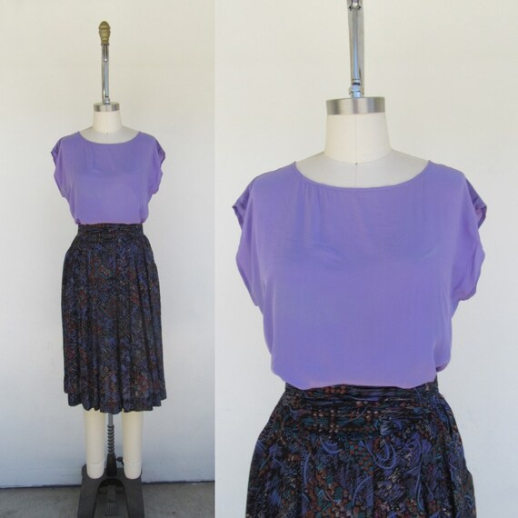 80s 90s Lilac Short Cap Sleeve All Silk Blouse Top