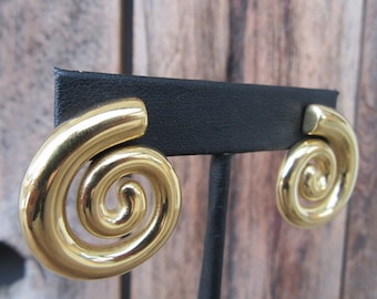 90s Gold Tone Earrings | Modernist Chunky Art Deco Revival Curlicue Statement Swirl Earrings | Geo Geometric Snail Circle Earrings
