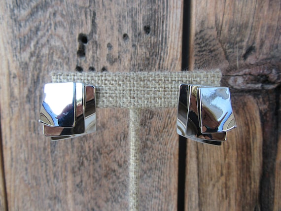90s Silver Tone Earrings | Folded Rectangle Geo G… - image 2