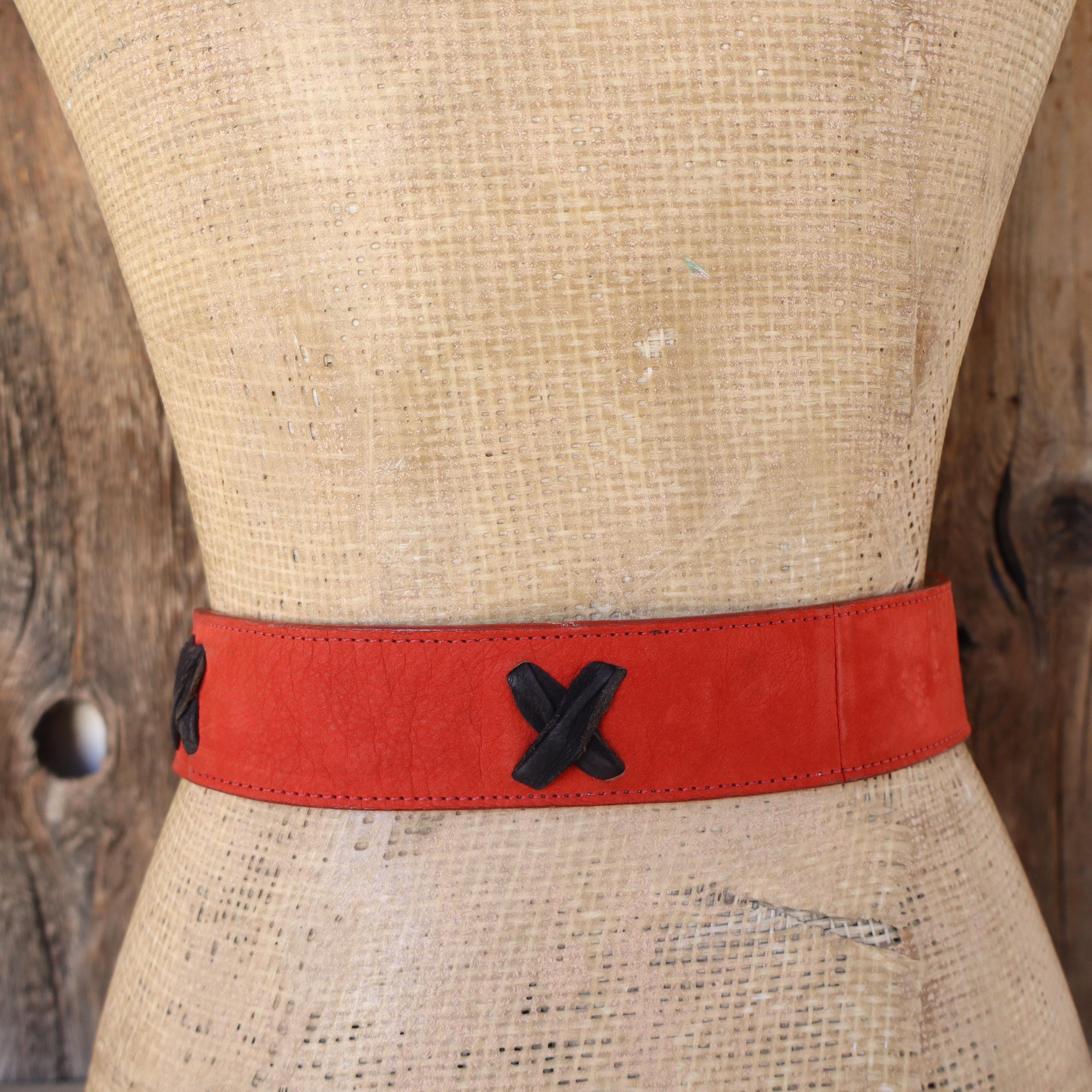 80s CARLOS FALCHI Wide Red and Black X Leather Waist Belt