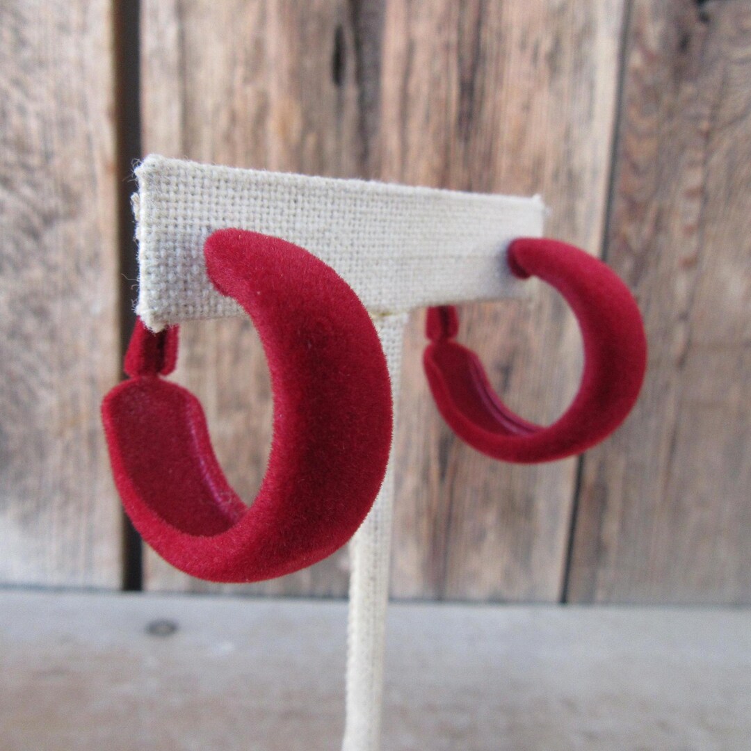 90s Dark Red Burgundy Hoop Earrings | Flocked Velvet Fat Hoop Earrings ...