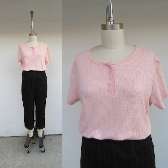 90s Cotton Blend Pink Henley Tee Shirt | Ribbed Co