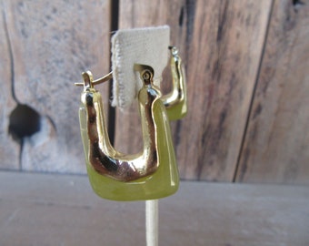 90s Chunky Celery Green Ice Cube Hoop Earrings | Minimal Business Casual Earrings | Green and Gold Earrings | Lucite Earrings