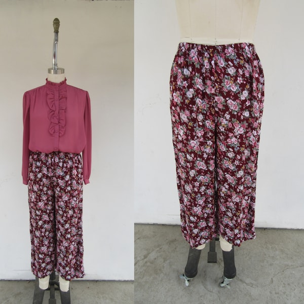 90s High Waist Floral Easy Pants | Elastic Waist High Rise Flower Print Pull on Mom Pants | Cottagecore Rose Rayon Pants |  27 to 34 Waist