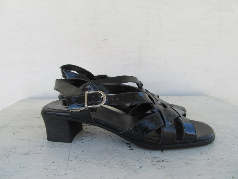 90s Strappy Faux Patent Leather Sandals, Woven Sandals, SHoes 1990s Minimalist Vegan Square Heels Strappy Sandals, Block Heel Sandals 7.5 38 90s Strappy Faux Patent Leather Sandals, Woven Sandals, SHoes 1990s Minimalist Vegan Square Heels Strappy Sandals, Block Heel Sandals 7.5 38
