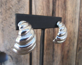 90s Silver Tone Earrings | Fluted Scalloped Teardrop Half Hoops | Modernist Statement Earrings