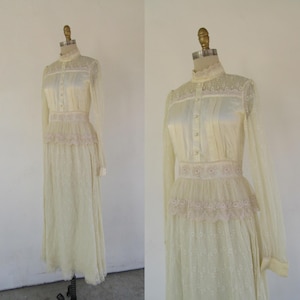 70s Cream Lace Wedding Prairie Dress | 1970s Victorian High Neck Lace Long Sleeve Dress | Small