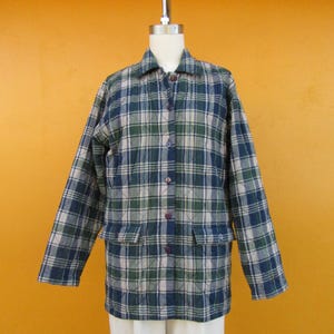 90er Jahre Jacke aus 100% Baumwolle mit kariertem Knopf vorne | Karierter Scheunenmantel | Preppy Minimalist Button Down Button Front Steppjacke | Klein