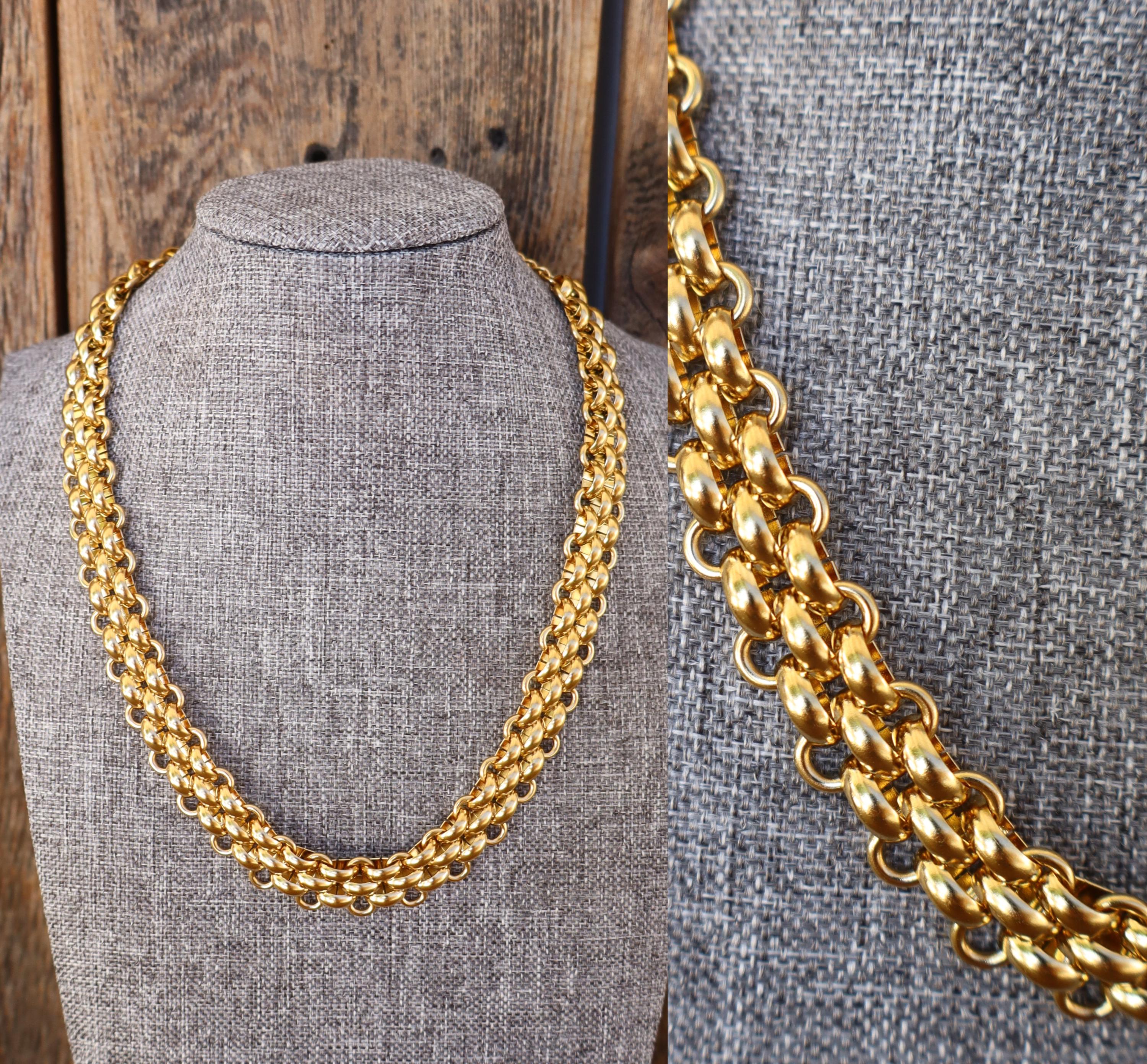 90s Gold Tone Thick Heavy Statement Necklace | Thick Gold Chain