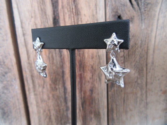 90s Silver Tone Star Dangle Earrings | Bejeweled … - image 2