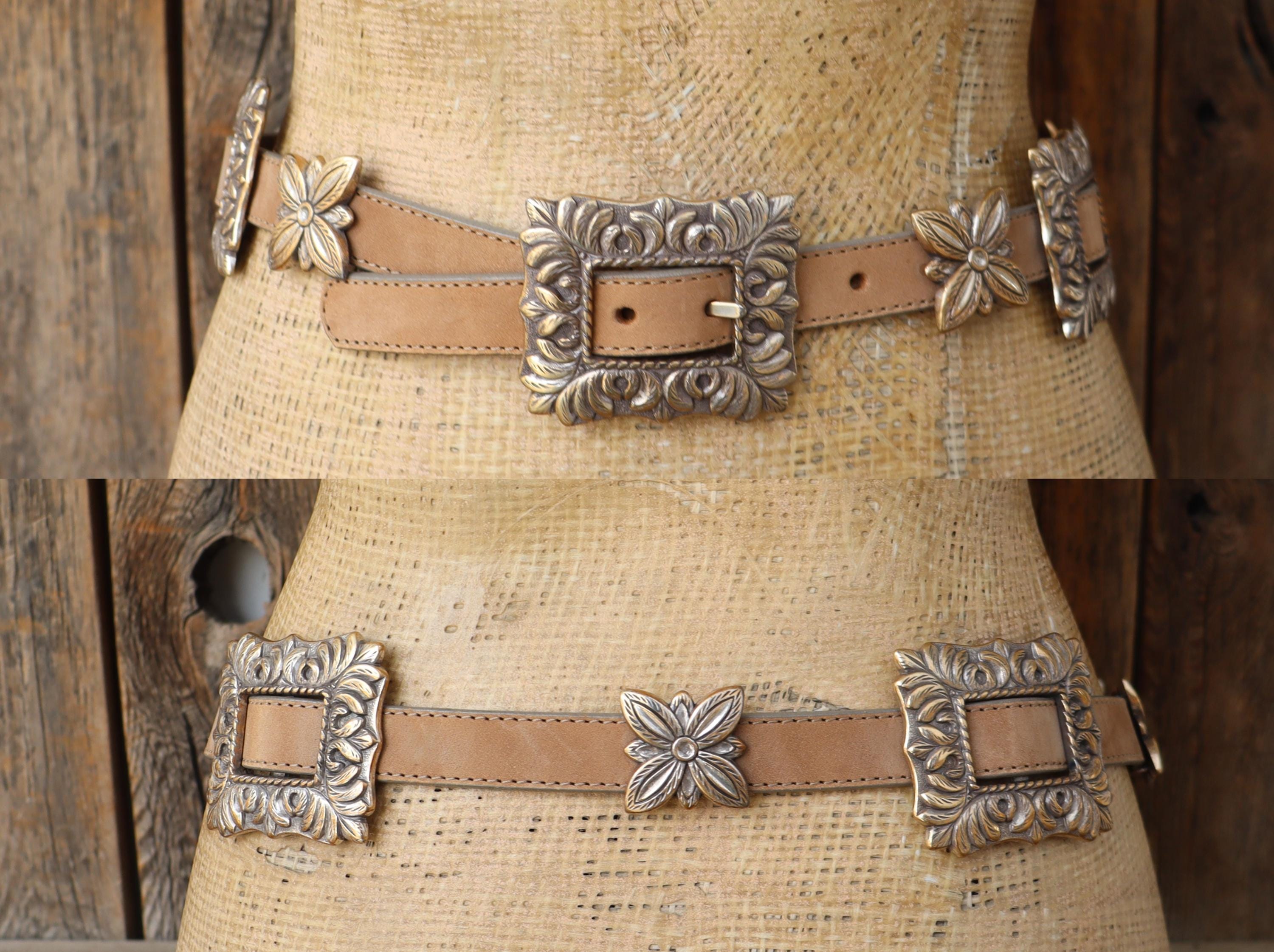 90s BRIGHTON Light Brown Leather Silver and Gold Tone Concho 