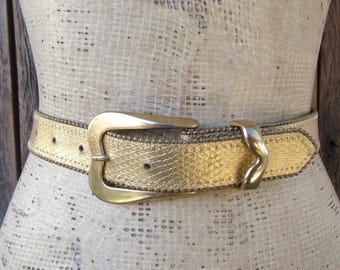 90s Gold Vegan Faux Snakeskin Snake Bb Trim Belt | 1990s Vintage Trouser Belt | 29.5 to 33