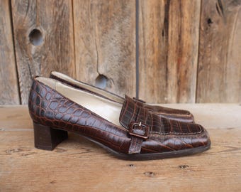 1990s dunkelbraune Moc Croc Leder quadratischer Absatz Fahrschuhe Mocs Loafers Größe 5