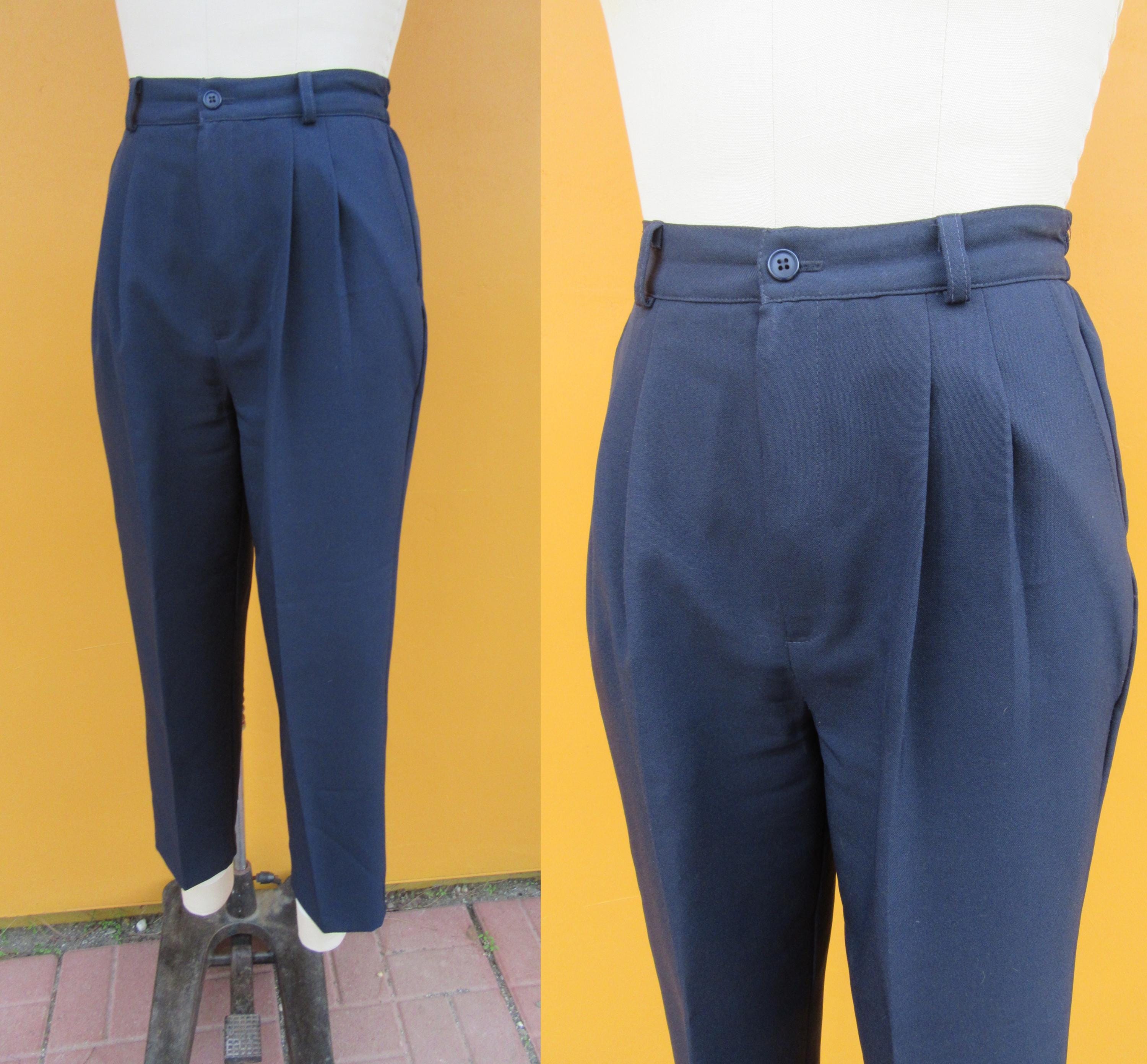 90s Pleated Blue High Waist Trousers | Tapered High Rise Slacks