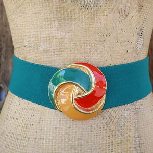 Cintura larga arancione verde acqua anni &#39;80 / Cintura elasticizzata / Fibbia a spirale smaltata a blocchi di colore / Cintura statement anni &#39;80 / Dalla taglia 32 alla 38