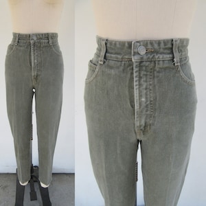 80s 90s BONGO High Rise Olive Green Five Pocket Jeans | Skinny All Cotton High Waist Tapered Mom Jeans | 24 Waist