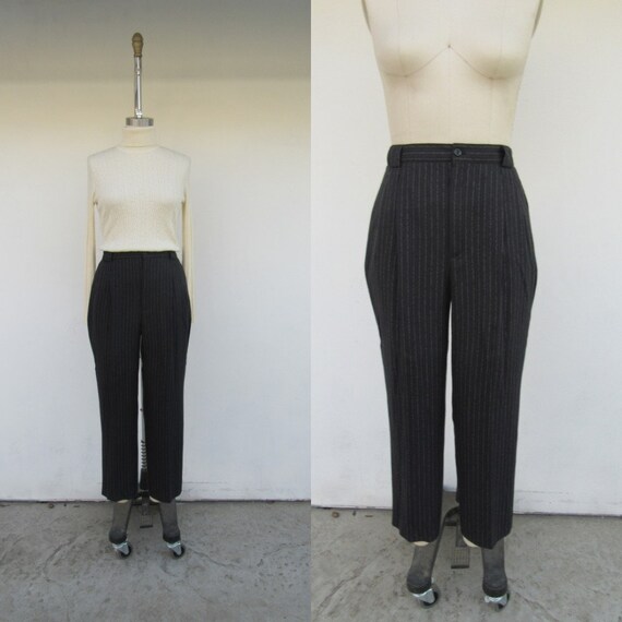90s Black Pinstriped High Waist Trousers | Minimal