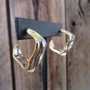 90s Two Tone Silver Gold Tone Hoops | Square Mixed Metal Irregular Modernist Hoop Earrings