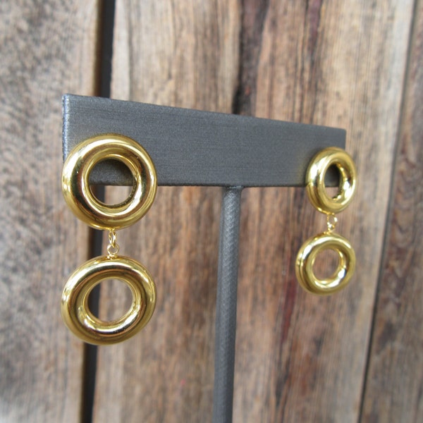 90s Gold Tone Modernist Chain Earrings | Chain Dangle Earrings | Chunky Circle Dangle Earrings  | Minimal Geo Geometric Round Earrings