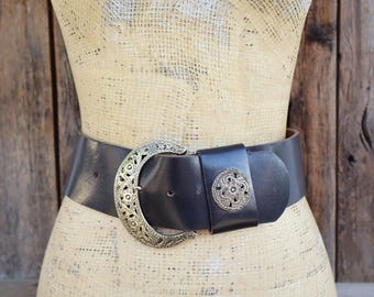80s Black Leather Dangling Chain V Belt | 1980s Embellished Waist