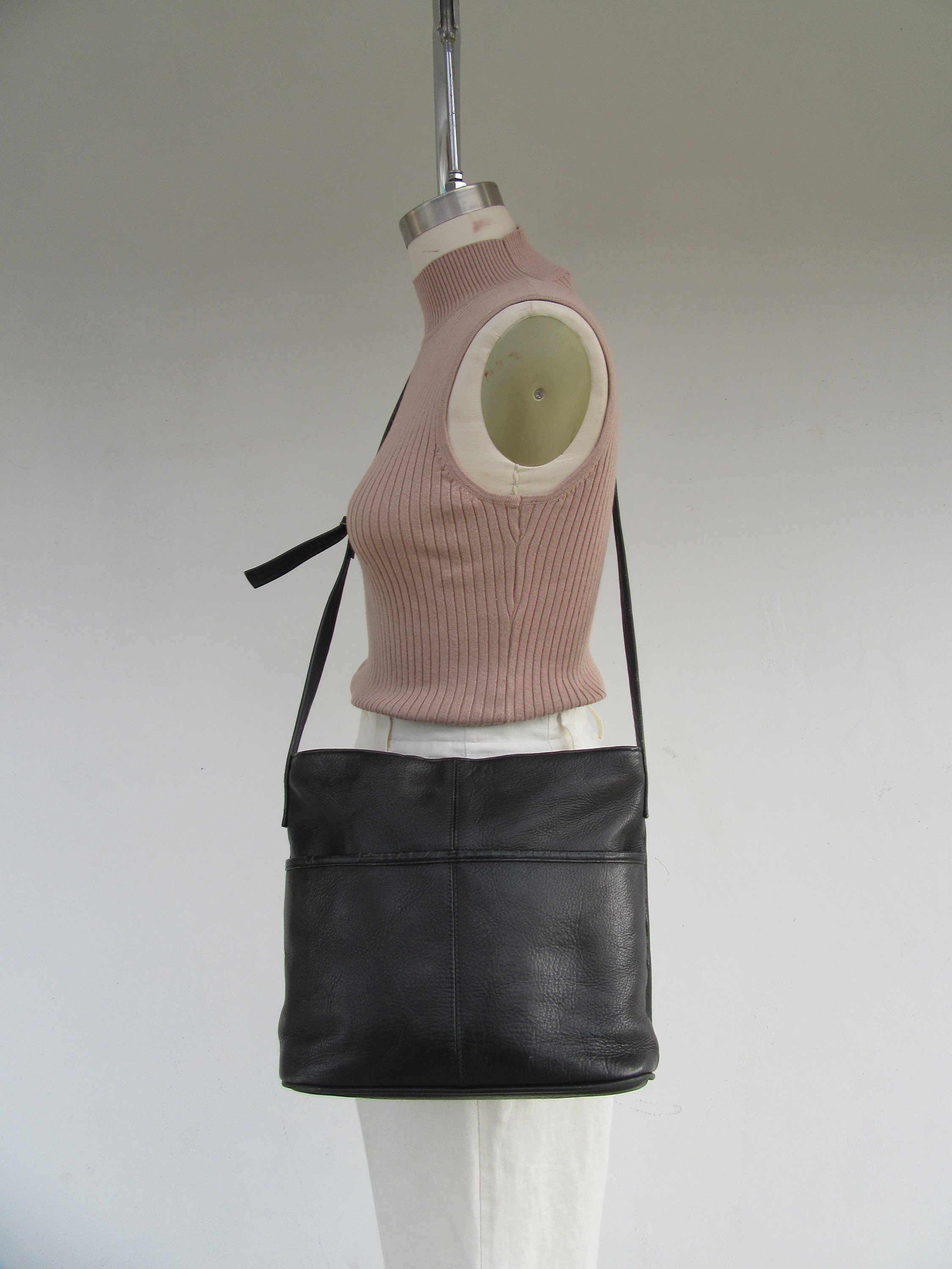 90s Black Grease Leather Crossbody Bag Le Donne Oiled Leather Large Bucket Bag Purse Handbag Satchel Etsy
