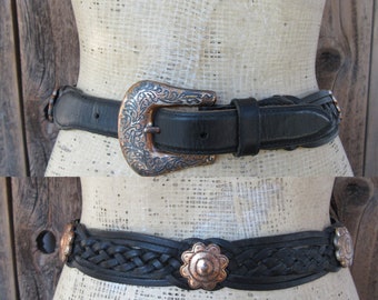 90s BRIGHTON Woven Black Leather Concho Belt | Woven Leather Waist Belt | Braided Leather Trouser Belt | 26 to 30