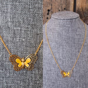 70s 80s Gold Tone Cutout Butterfly Pendant Chain Necklace | 15&quot; Choker Yellow Butterfly Necklace