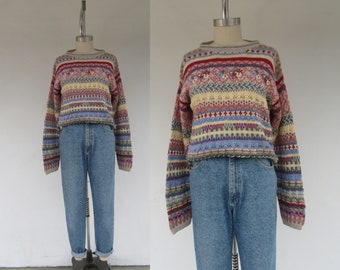 90s Cottagecore Floral Cotton Ramie Linen Boxy Fit Sweater | Drop Shoulder Crochet Flower Detail Jumper | L