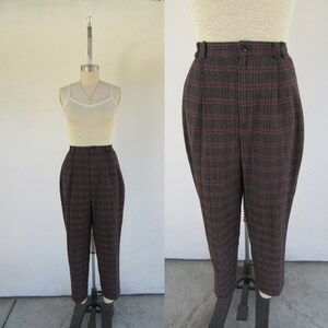 90s High Waist Pleated Check Trousers | Brown and Black 90s High Waist Pleated Check Trousers | Brown and Black