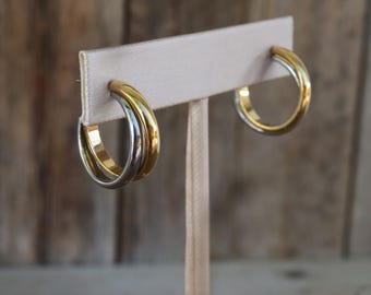 90s Mixed Metal Gold and Silver Tone Hoops | Two Tone Double Layered Twisted Hoop Earrings