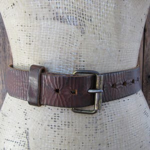 70s 80s Unisex Distressed Brown Leather Roller Buckle Belt | Perforated Leather Belt | Fits up to 36