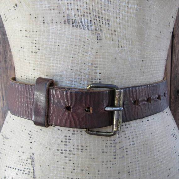 Vintage Brown Perforated Leather Belt With Silver Coloured Buckle XL Thick Soft Wide Tan Brown Leather Work Belt Heavy Duty Sz  main image 2