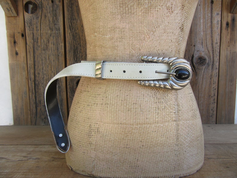 Rocker Belt Statement Belt 80s 90s Mint Green Leather Ranger Belt Cabochon Buckle Belt M L 30 to 34.75