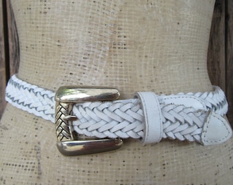 90s Stark White Woven Leather Belt | Woven Leather Trouser Belt | White Leather Belt | 32 or smaller 30 28 26 24