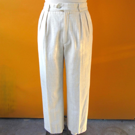 80s 90s High Waist Pleated Oatmeal Cream Wool Trousers